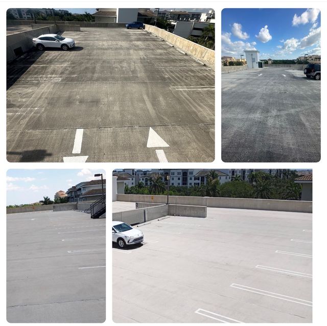 Commercial rooftop parking deck pressure washing before and after
