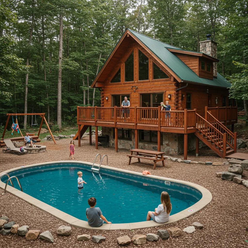 Bigfoot Cabin with family enjoying amenities like a heated pool and outdoor play area
