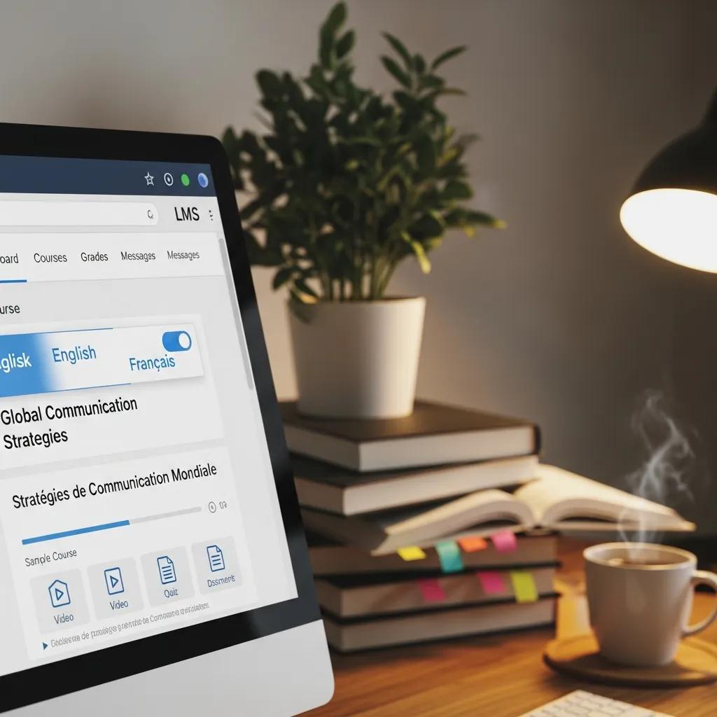 Bilingual Learning Management System interface displaying English and French options for Global Communication Strategies course, with a focus on enhancing employee engagement and compliance in multilingual training.