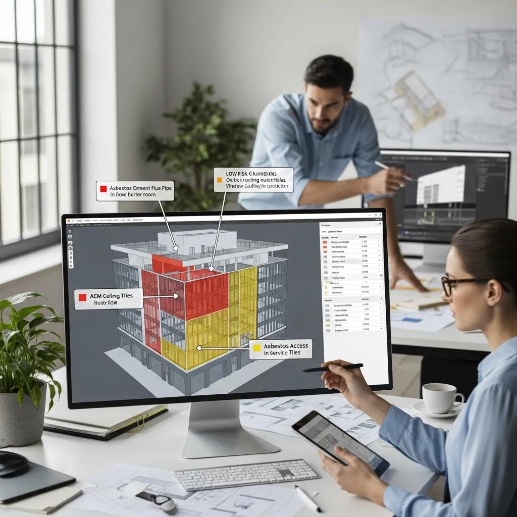 BIM model illustrating embedded asbestos data for architectural coordination BIM model illustrating embedded asbestos data for architectural coordination