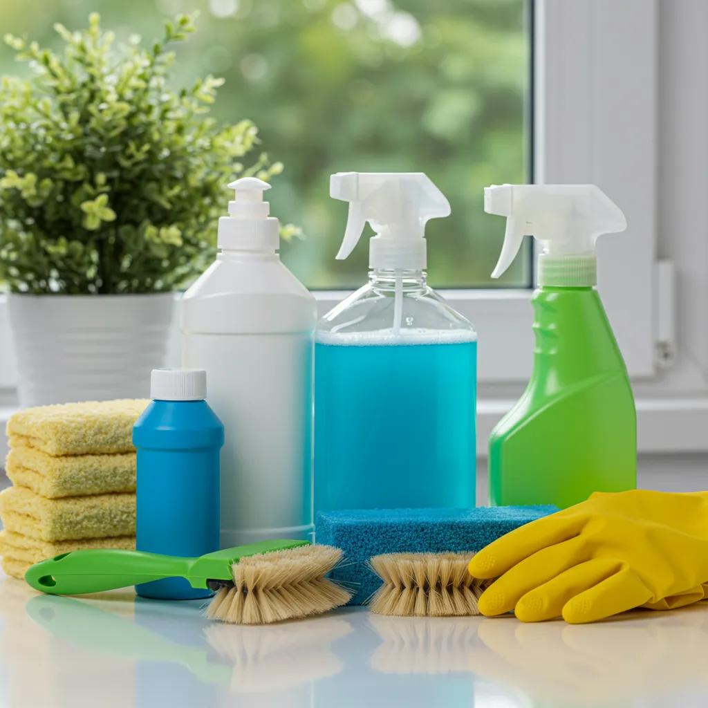 Biodegradable cleaning products and eco-friendly tools for window washing, showcasing commitment to safety and environmental responsibility