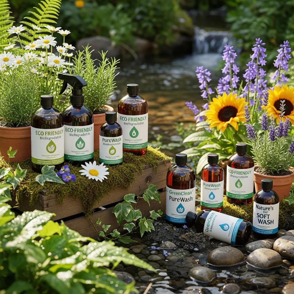 Biodegradable cleaners used in soft washing shown in a natural setting