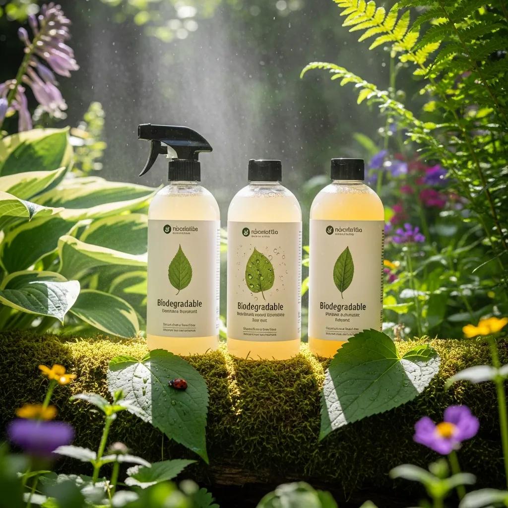 Biodegradable cleaning solutions surrounded by greenery