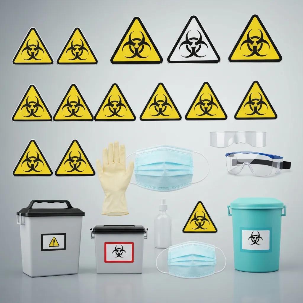 Protective equipment and biohazard symbols illustrating health risks at unattended death scenes Protective equipment and biohazard symbols illustrating health risks at unattended death scenes