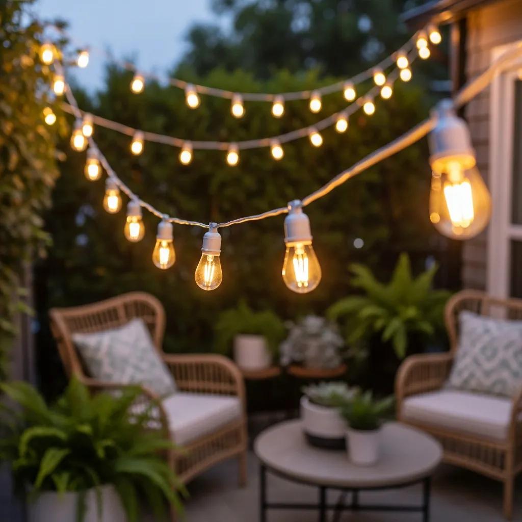 Bistro-style string lights creating a warm ambiance over a cozy patio seating area
