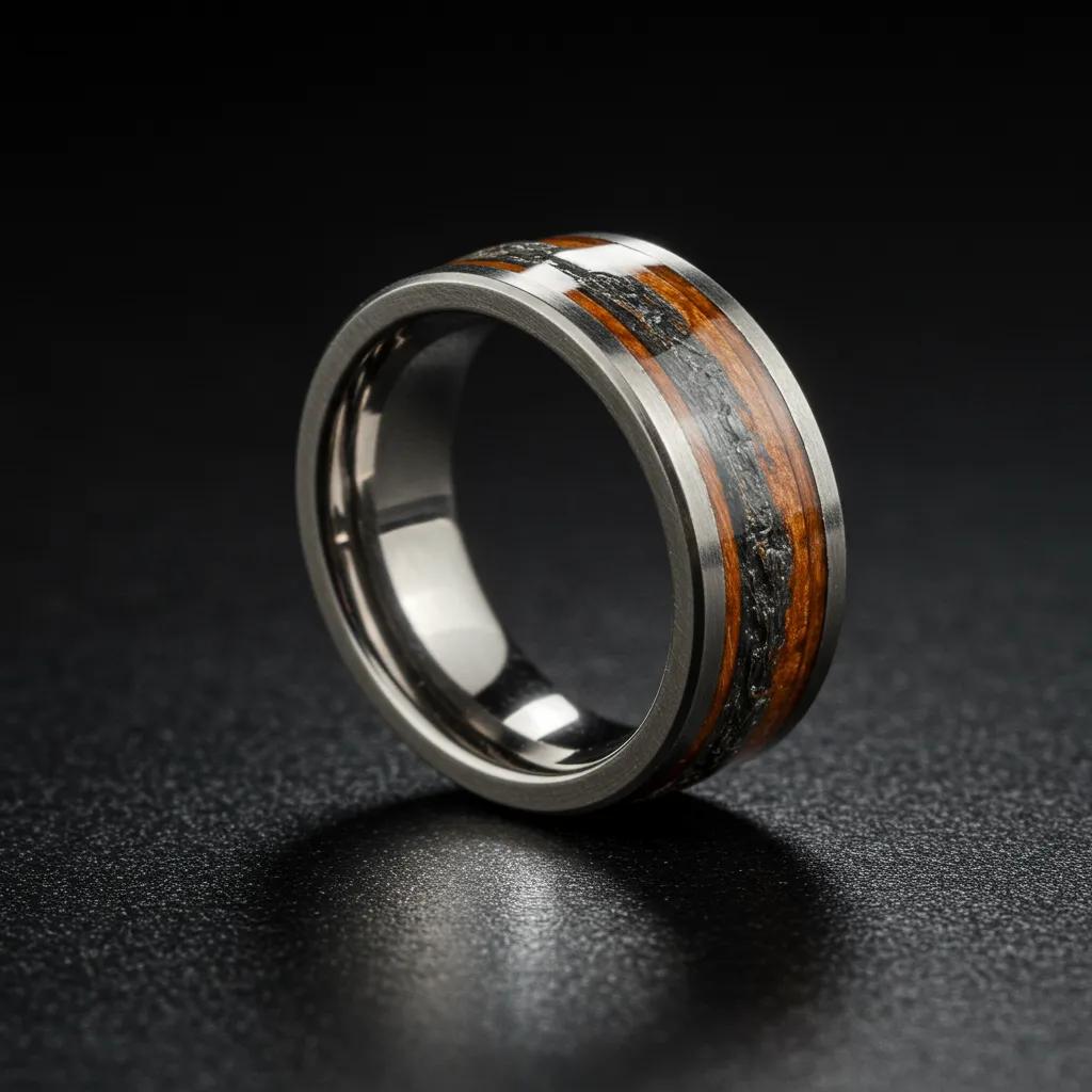 A striking, bold men's engagement ring with a textured finish stands out against a dark, dramatic background