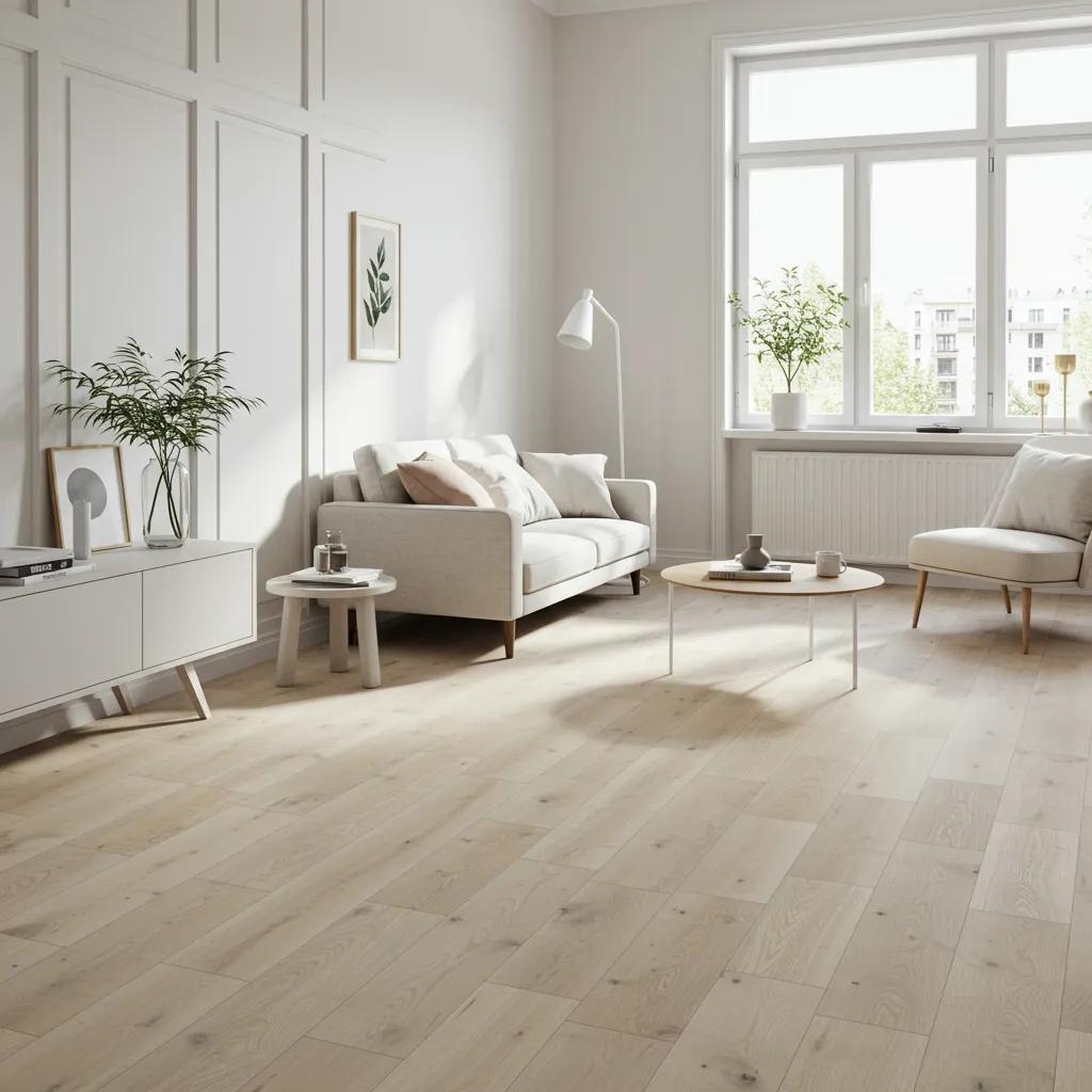 Bright small living space with light flooring enhancing natural light and spaciousness