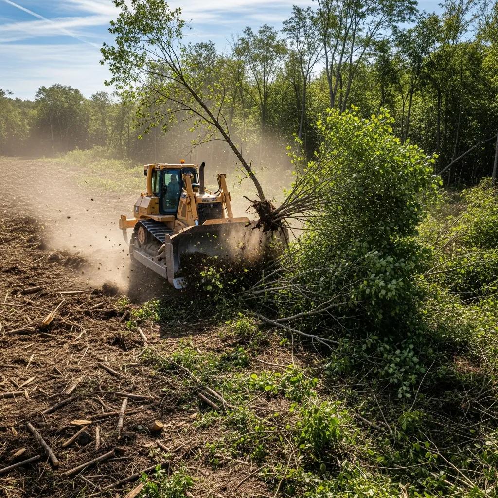 Bulldozer clearing land for construction preparation