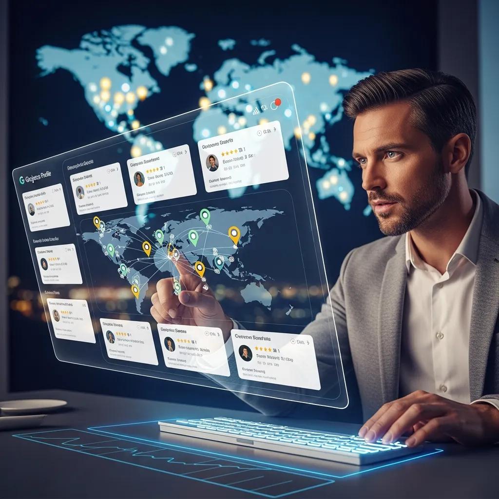 Business manager overseeing multiple Google Business Profiles on a digital dashboard with a map background