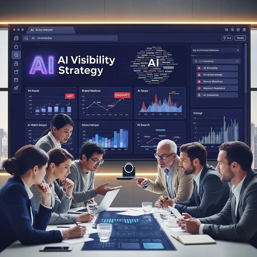 Business meeting focused on improving AI visibility with team discussing strategies and AI insights
