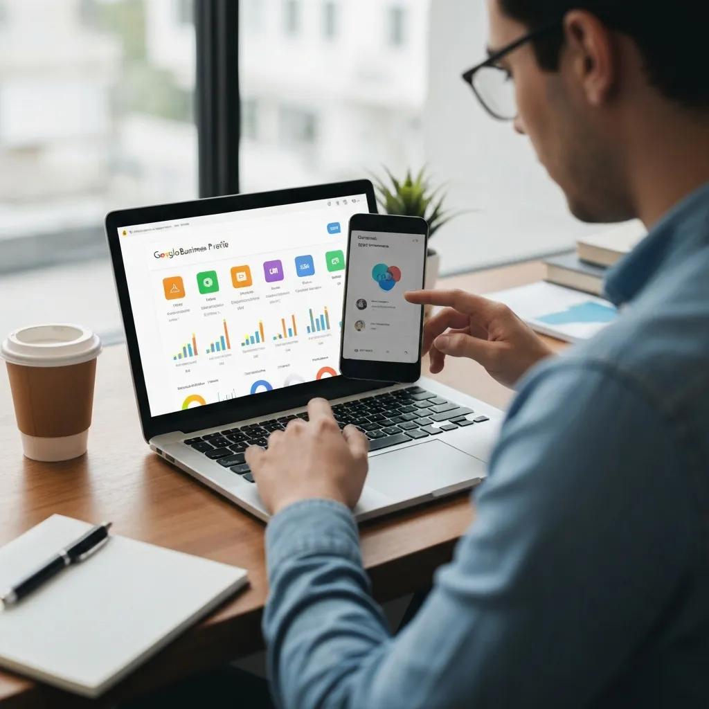 Business owner checking Google Business Profile metrics on a laptop in a modern office