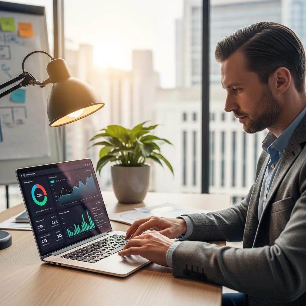 Business owner analyzing website performance metrics for optimization