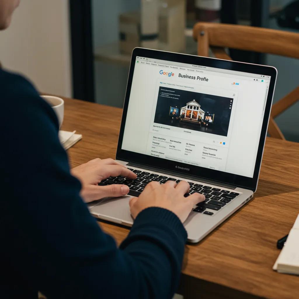 Business owner optimizing Google Business Profile on laptop in a cozy office