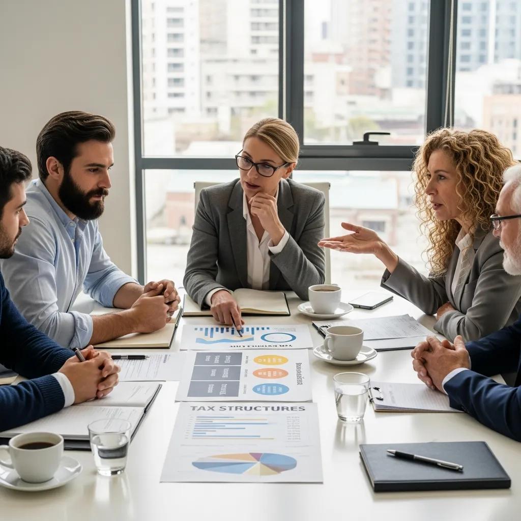 Two business owners reviewing tax structure options in an office