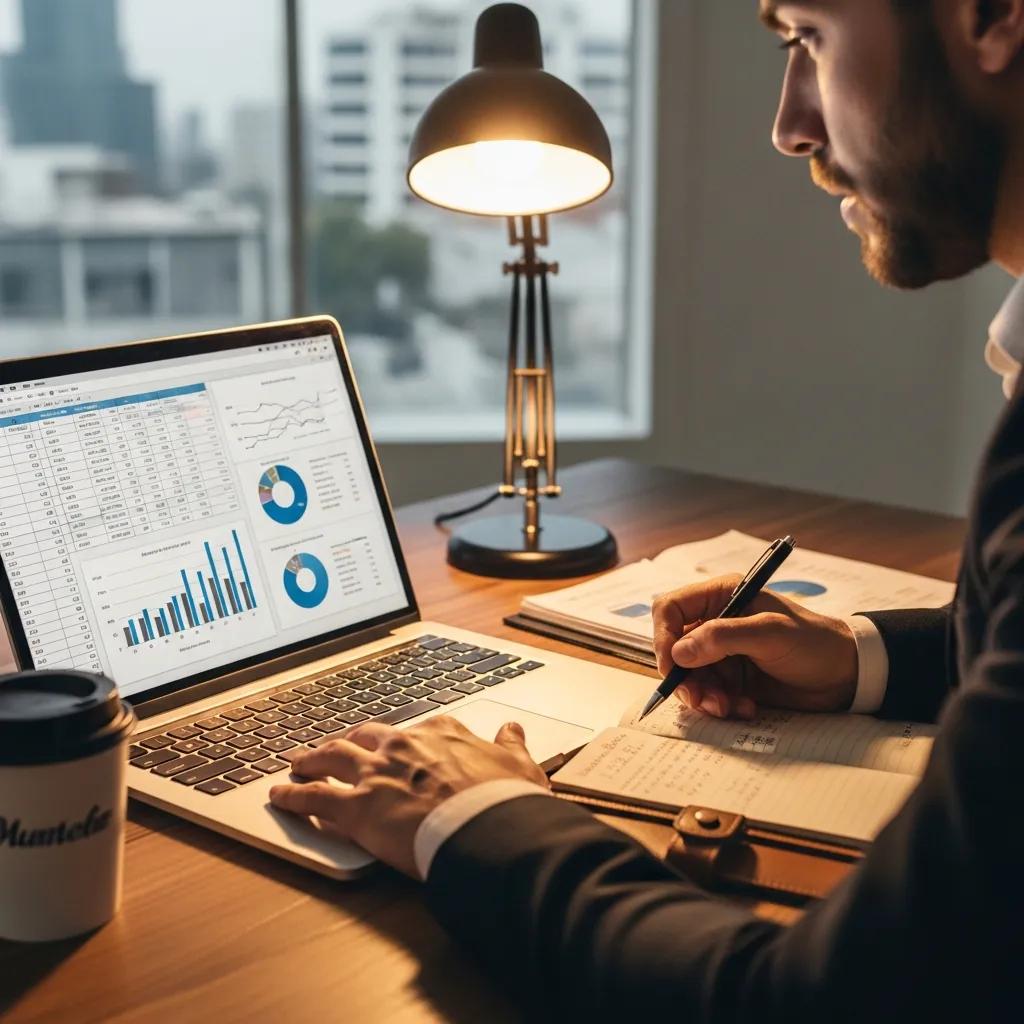 Business professional analyzing technology budget planning documents