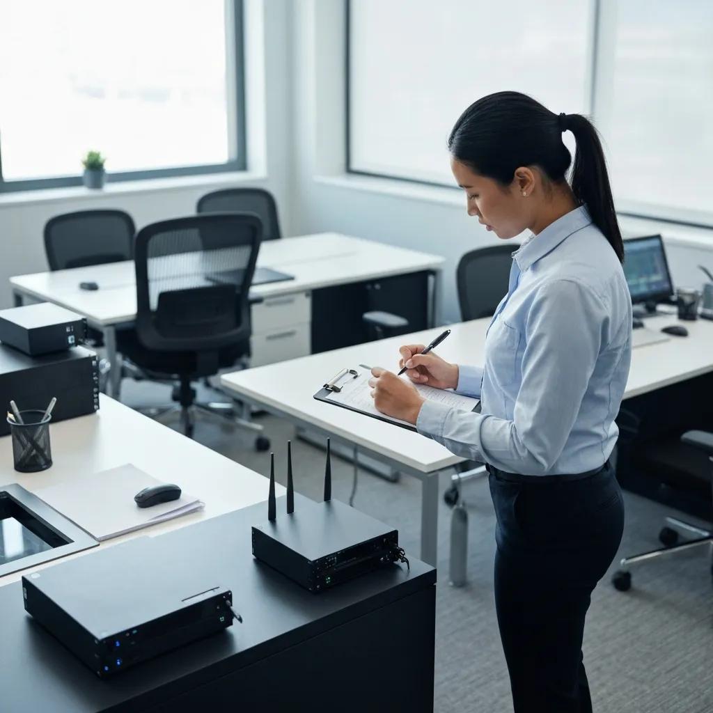 Team member checking office inventory with a clipboard