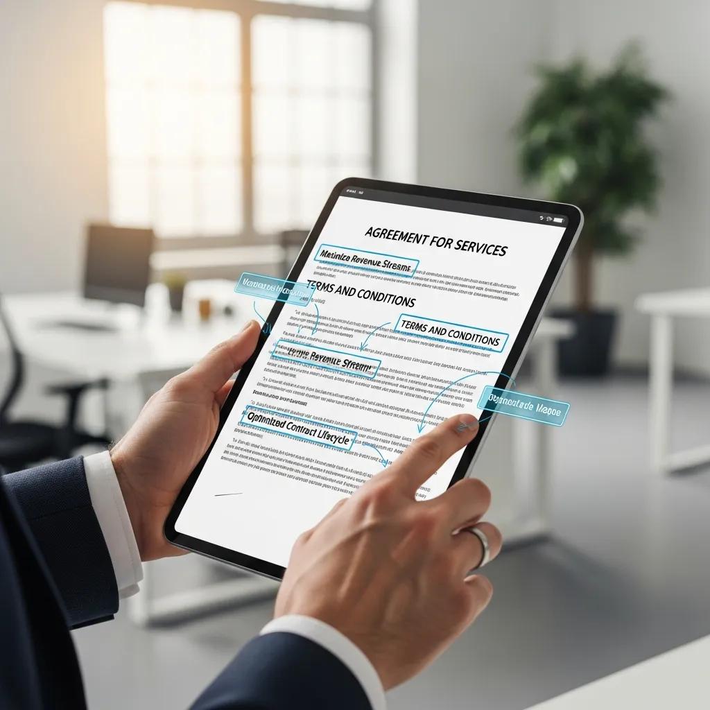 Business professional reviewing contracts on a tablet, emphasizing contract management's role in revenue growth Business professional reviewing contracts on a tablet, emphasizing contract management's role in revenue growth