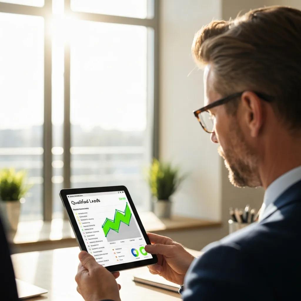 Professional reviewing verified leads on a tablet in a bright office