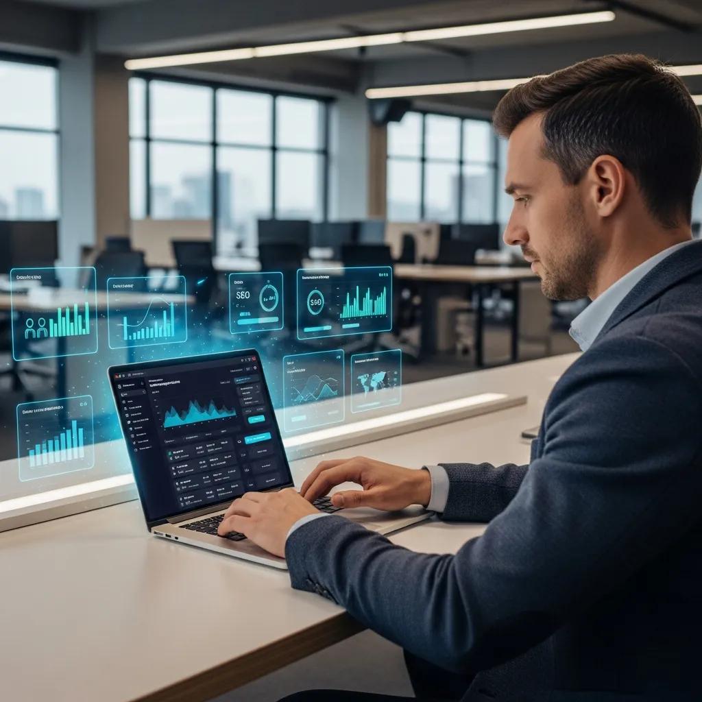 Business professional utilizing automated lead generation tools in a modern office