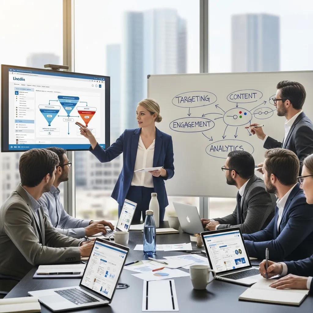 Business professionals collaborating on LinkedIn lead generation strategies in a modern office environment