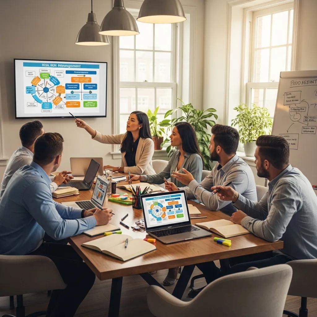 Business professionals discussing corporate risk management in a modern office setting