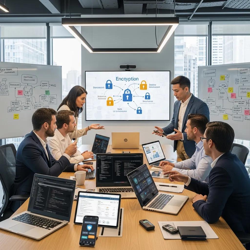 Team reviewing data encryption options in a bright office