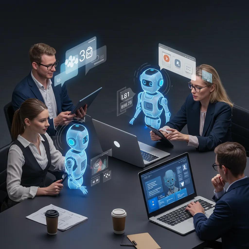 Business professionals collaborating on AI chatbot implementation strategies in a modern office Business professionals collaborating on AI chatbot implementation strategies in a modern office