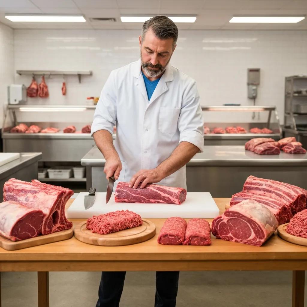 Butcher cutting premium beef in a sanitary shop—an example of our custom butchering process