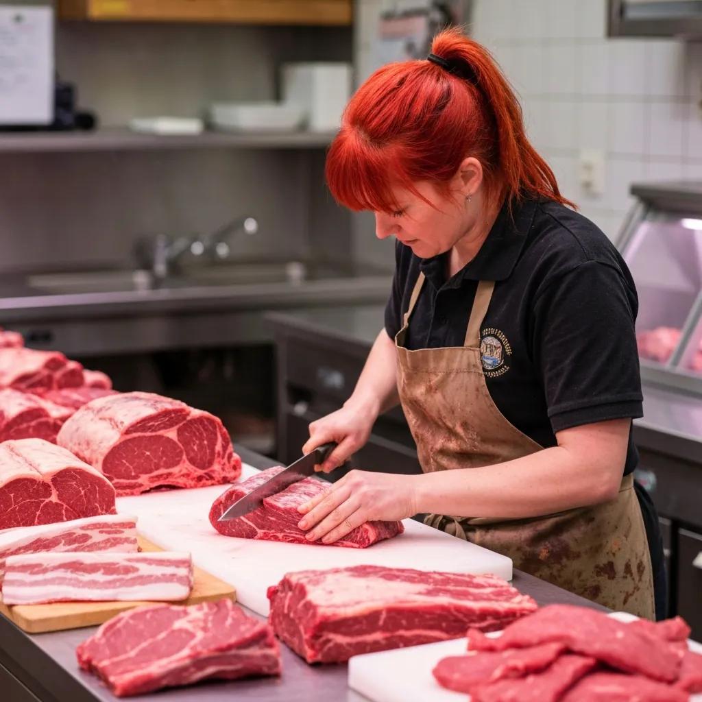 Skilled butcher preparing a variety of beef cuts in a professional shop, showing craftsmanship