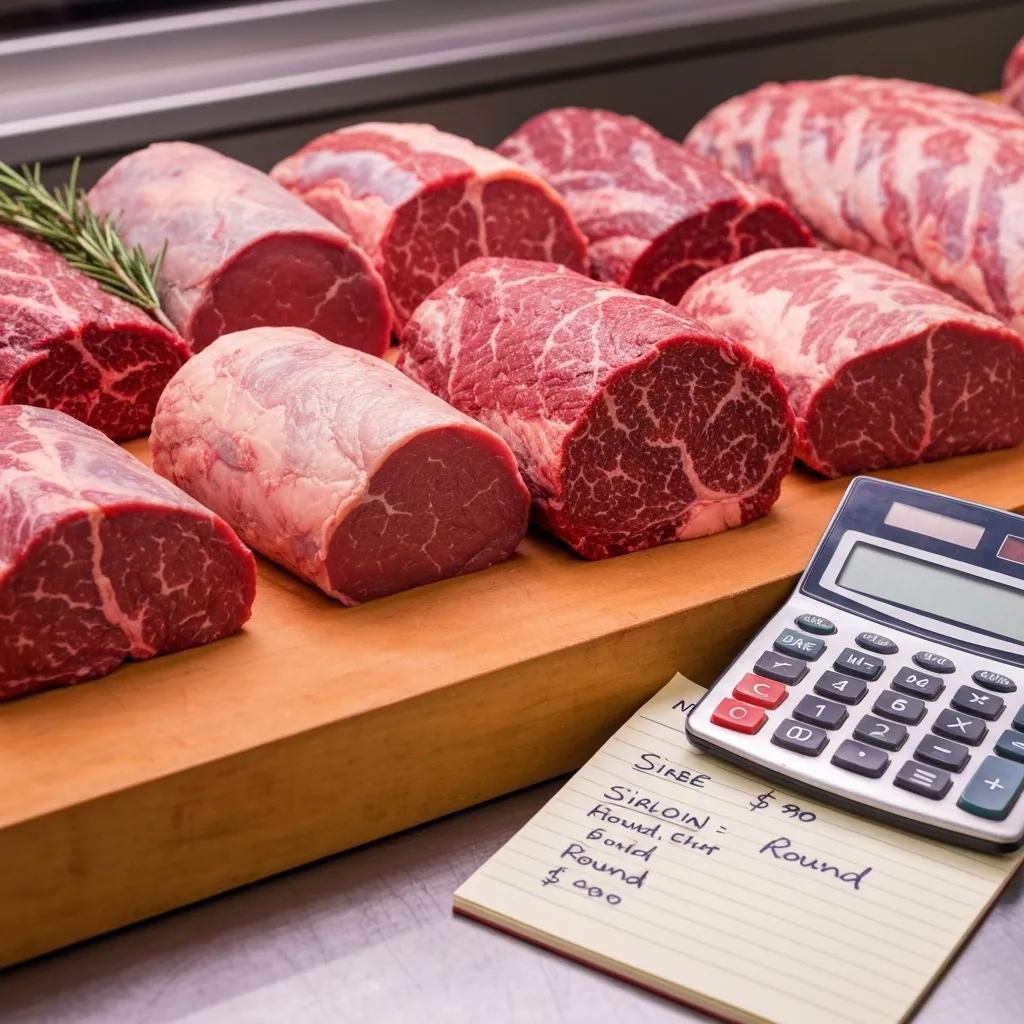 Butcher's block with beef cuts, a calculator, and a notepad showing pricing and budgeting for meat