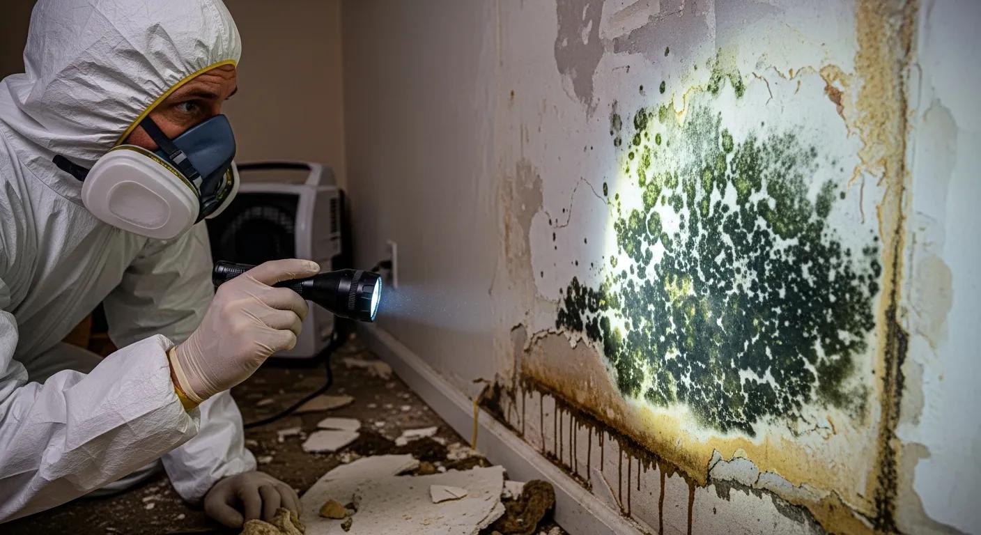 Restoration expert inspecting mold growth on a wall after storm damage