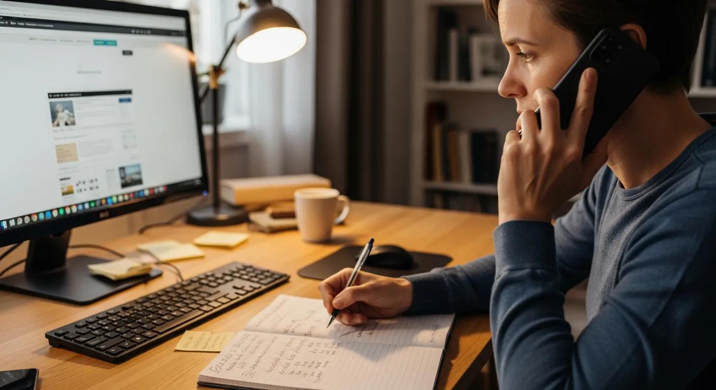 Person calling to report a tax scam, with a notepad on the desk