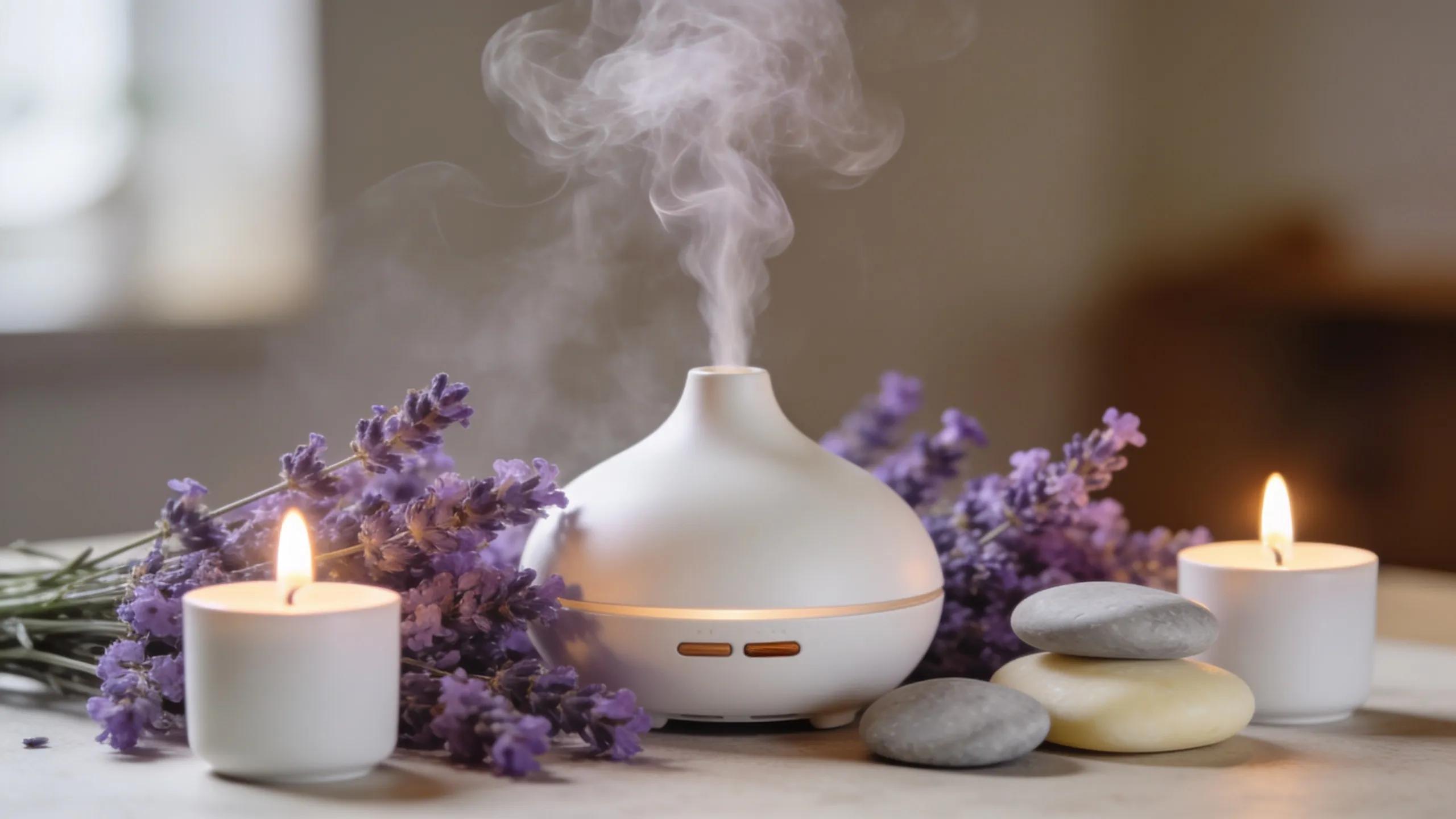 Aromatherapy setup with sandalwood oil diffuser creating a serene atmosphere
