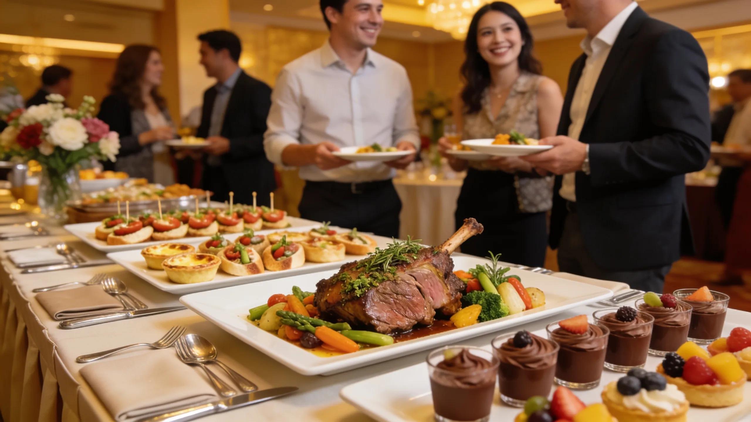 Diverse gourmet platters at a corporate event, showcasing quality food and attendee engagement