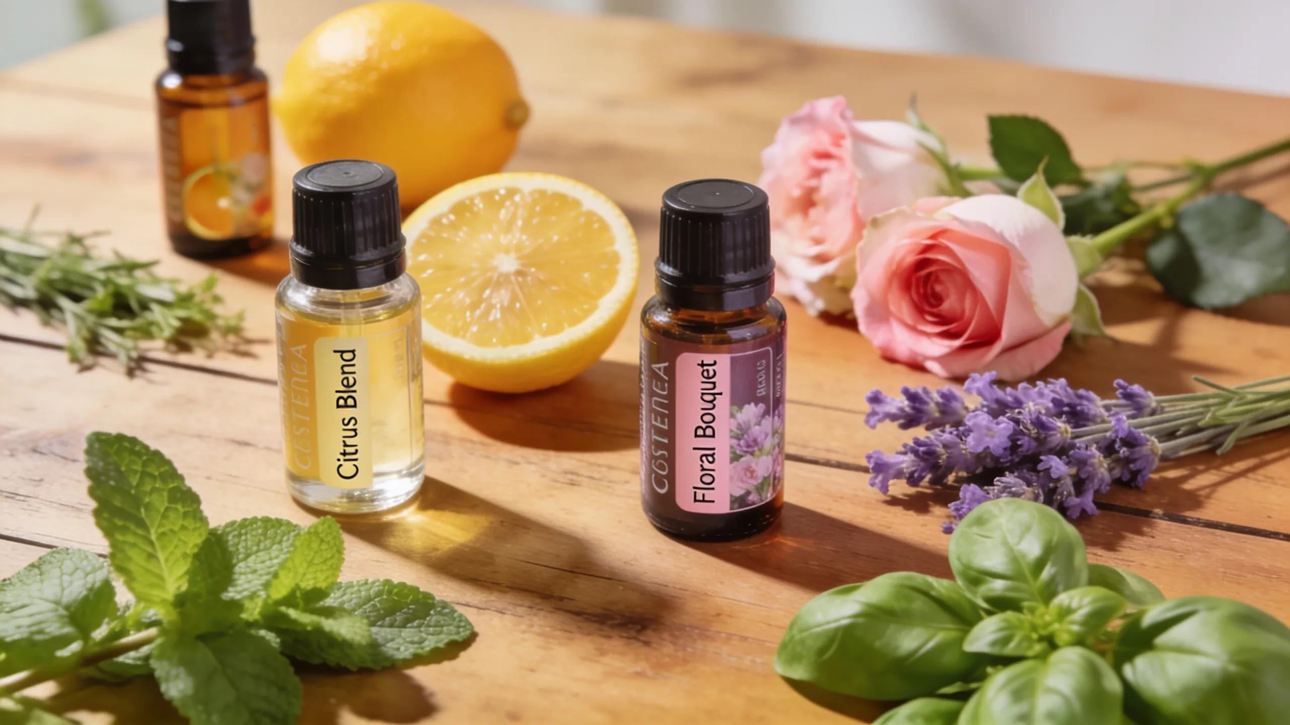 Various essential oil bottles arranged with fresh flowers for blending with oud
