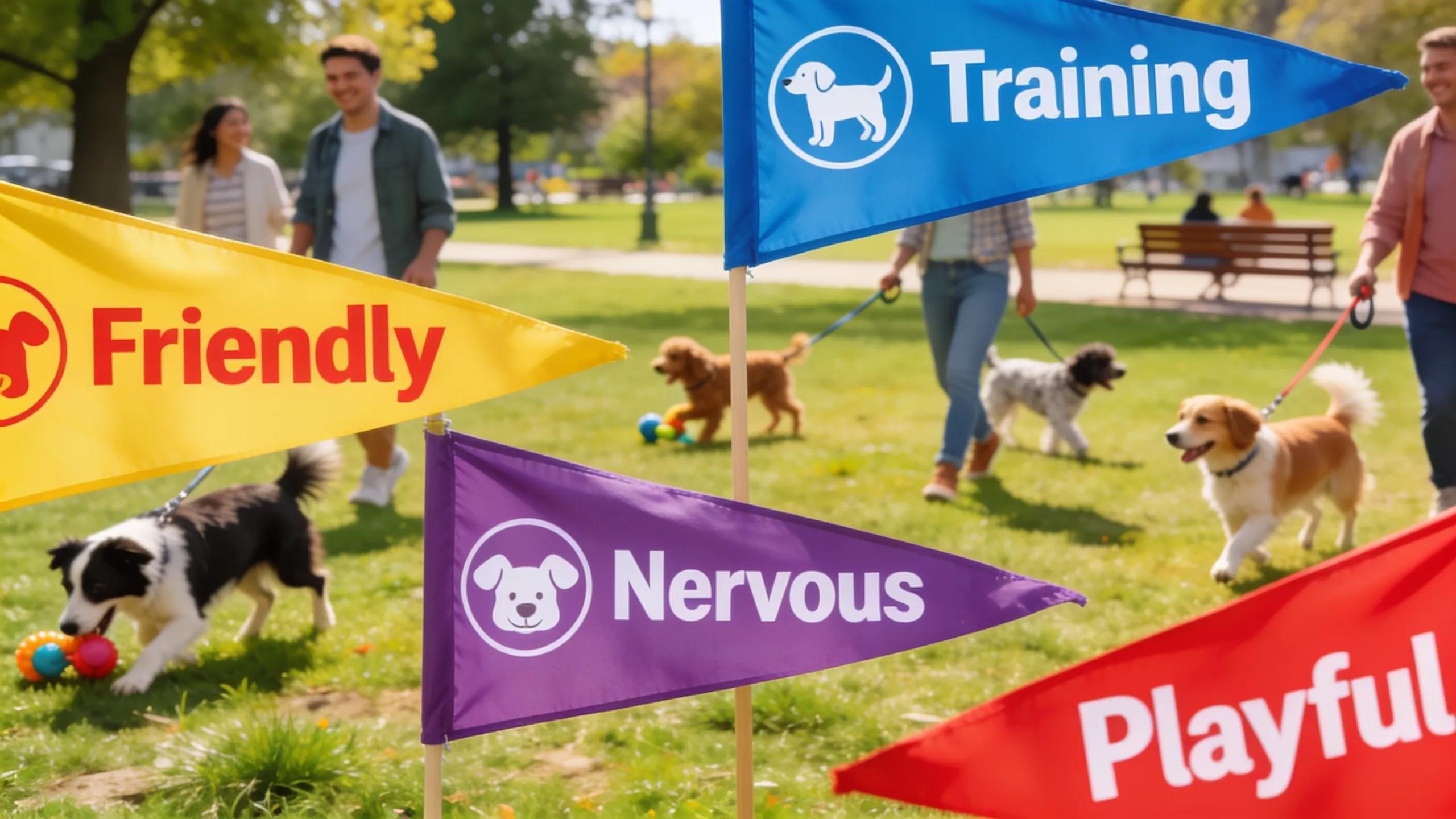 Different Wag Flags for dog behaviour displayed in a dog-friendly park