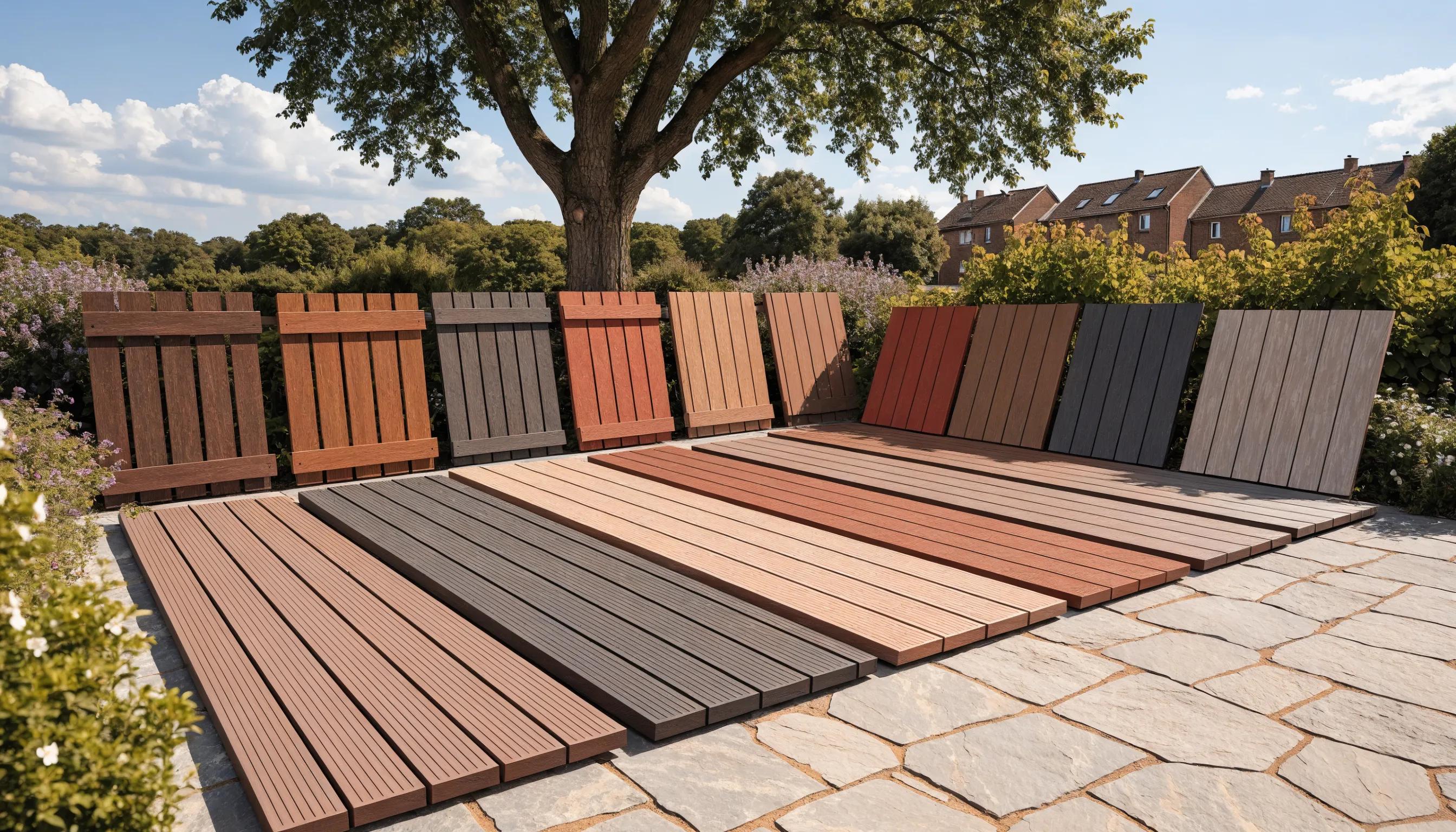 Composite materials display including decking, fencing, and cladding in an appealing outdoor environment