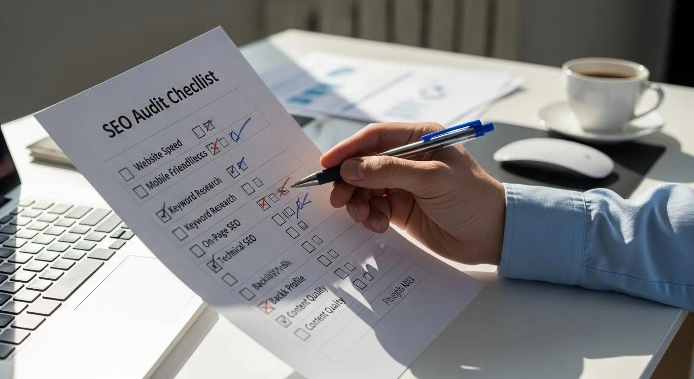 Close-up of a hand holding an SEO audit checklist on a desk Close-up of a hand holding an SEO audit checklist on a desk