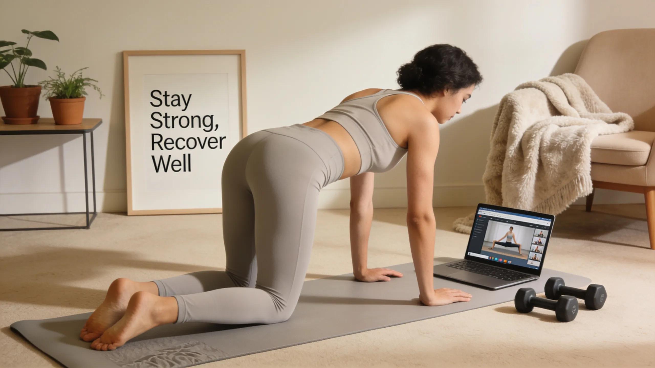 Home workout scene illustrating the convenience of online injury recovery training