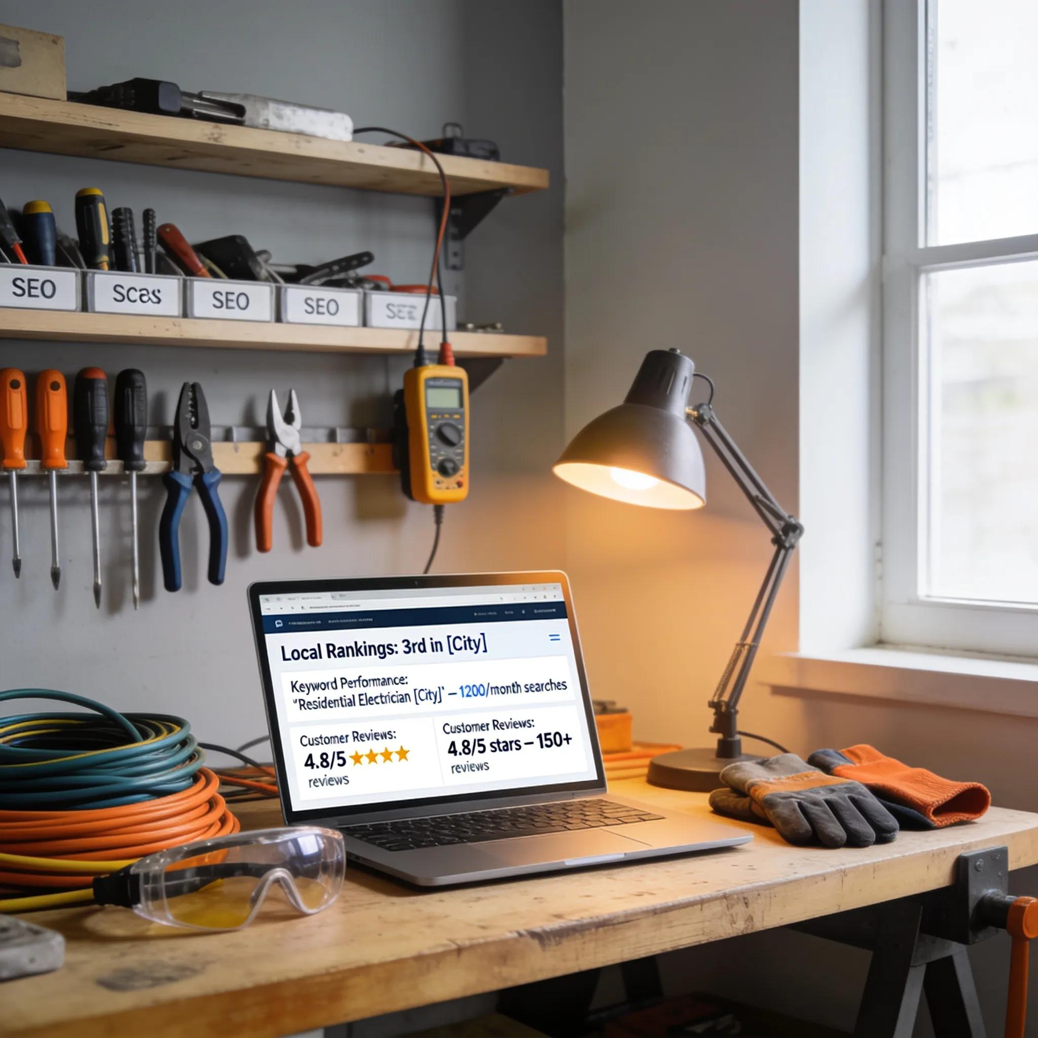 Local electrician's workspace with a computer displaying a local SEO dashboard alongside tools and safety equipment