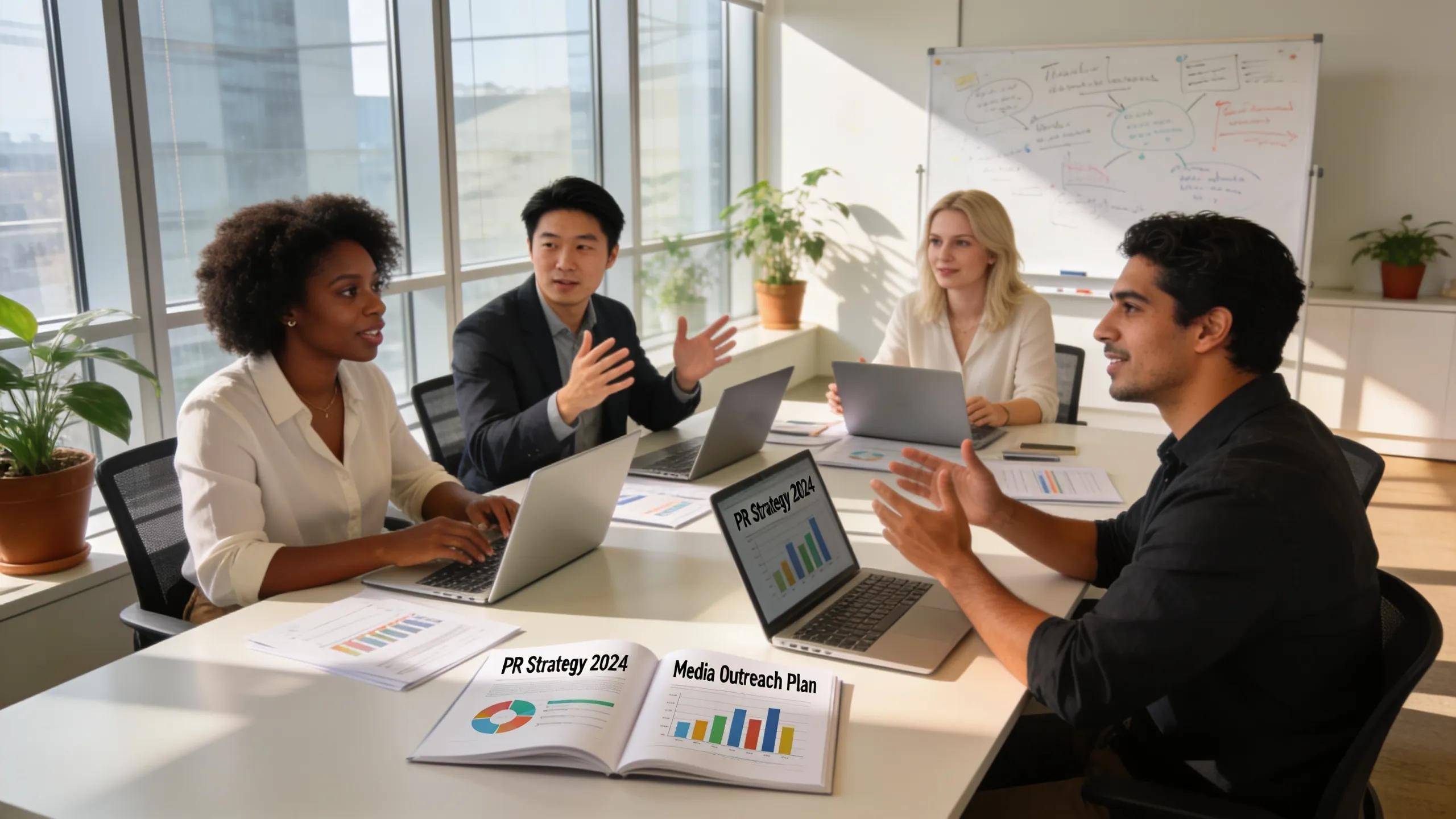Professionals discussing public relations strategies in a collaborative office environment