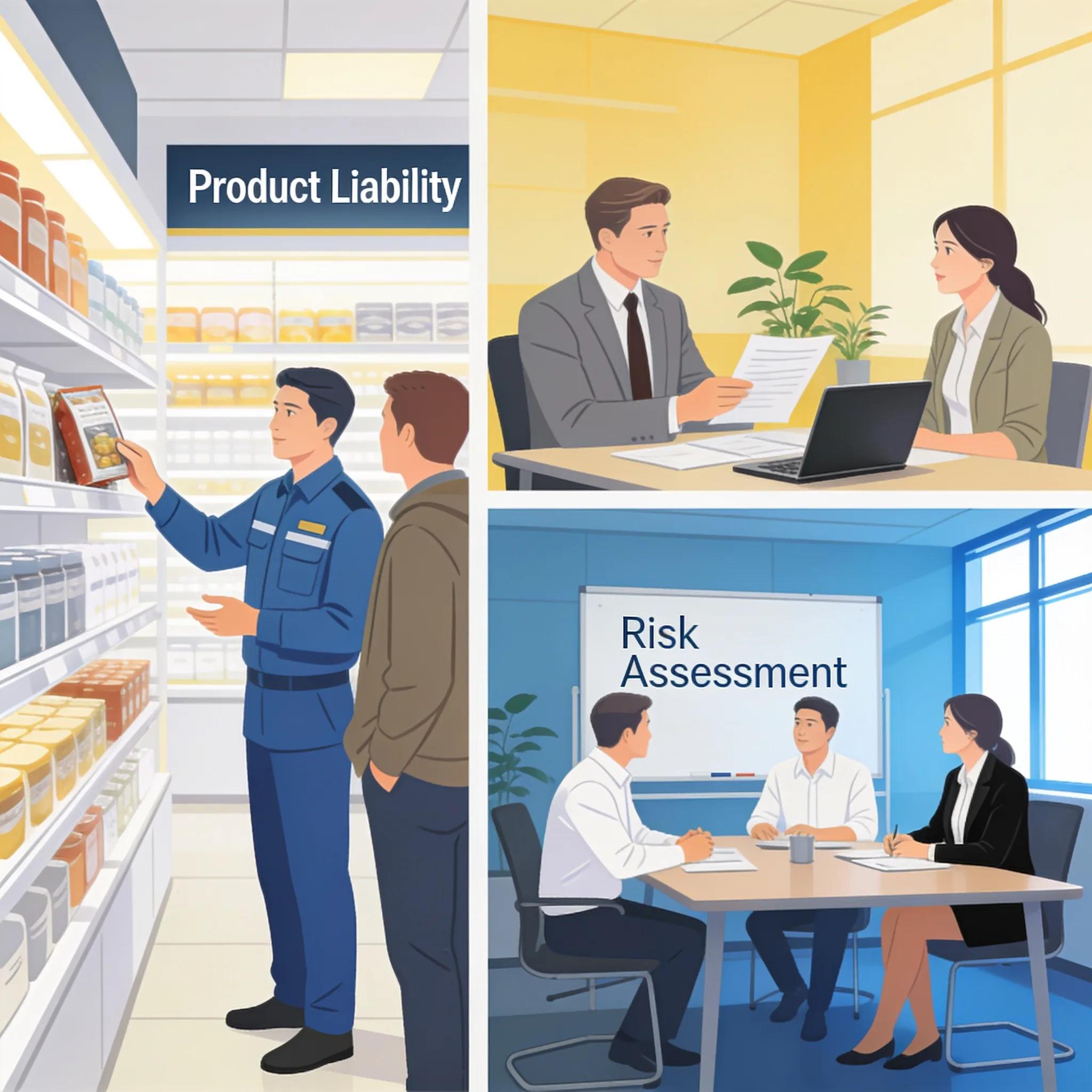 Visually representing different types of liability insurance with scenes depicting product, professional, and general liabilities
