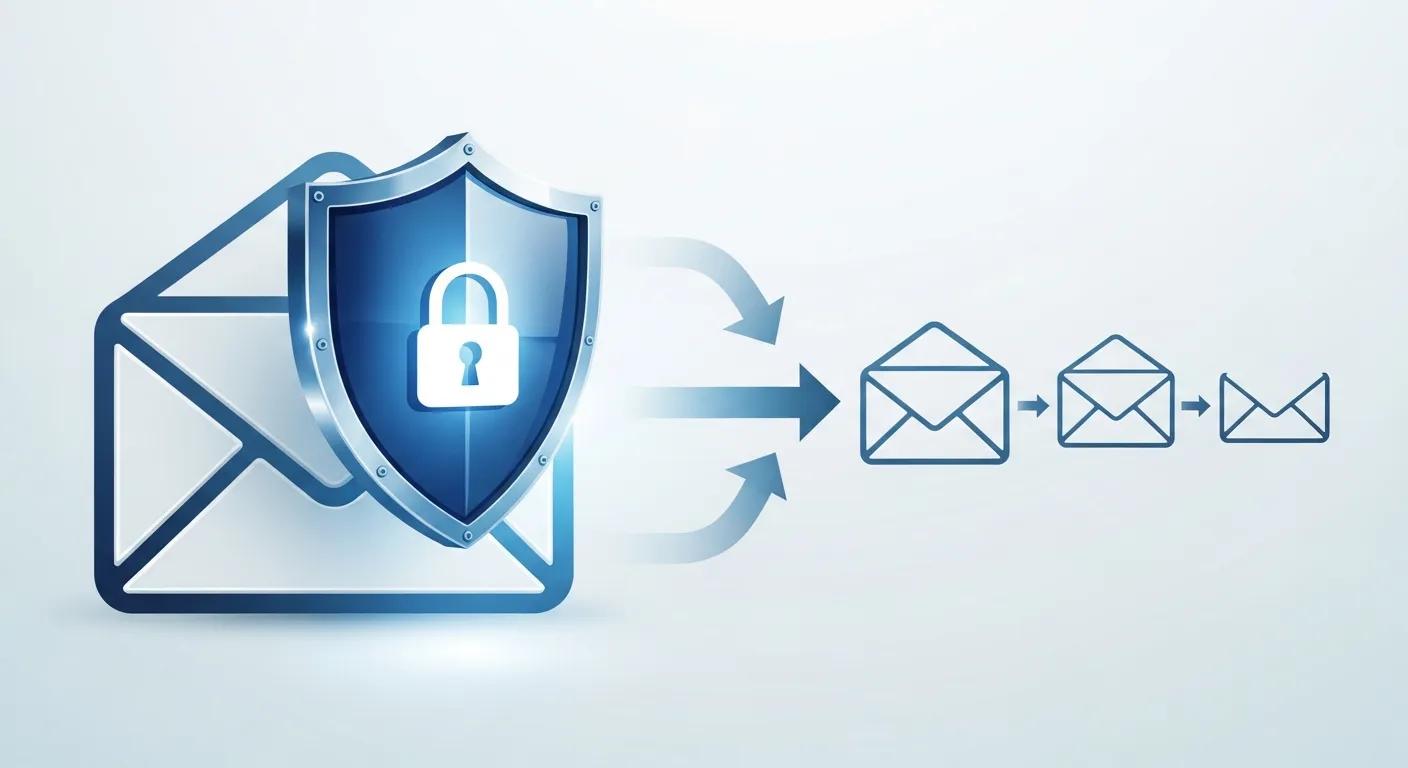 Graphic showing email forwarding with arrows and a shield for privacy