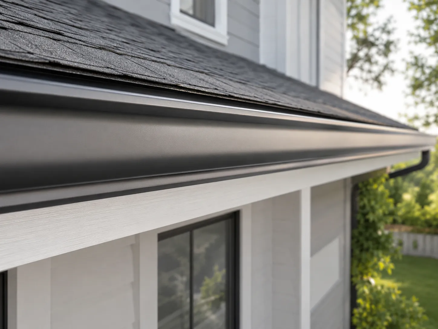 Close-up of a seamless aluminum gutter with no mid-run joints