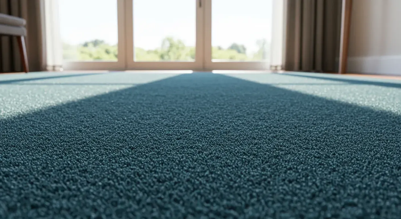 Textured teal carpet in a well-lit room with large windows, showcasing the interplay of natural light and color, relevant to 2026 carpet trends.