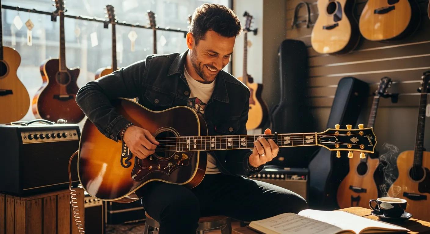 Musician testing a boutique acoustic guitar in a music store, showcasing engagement and joy