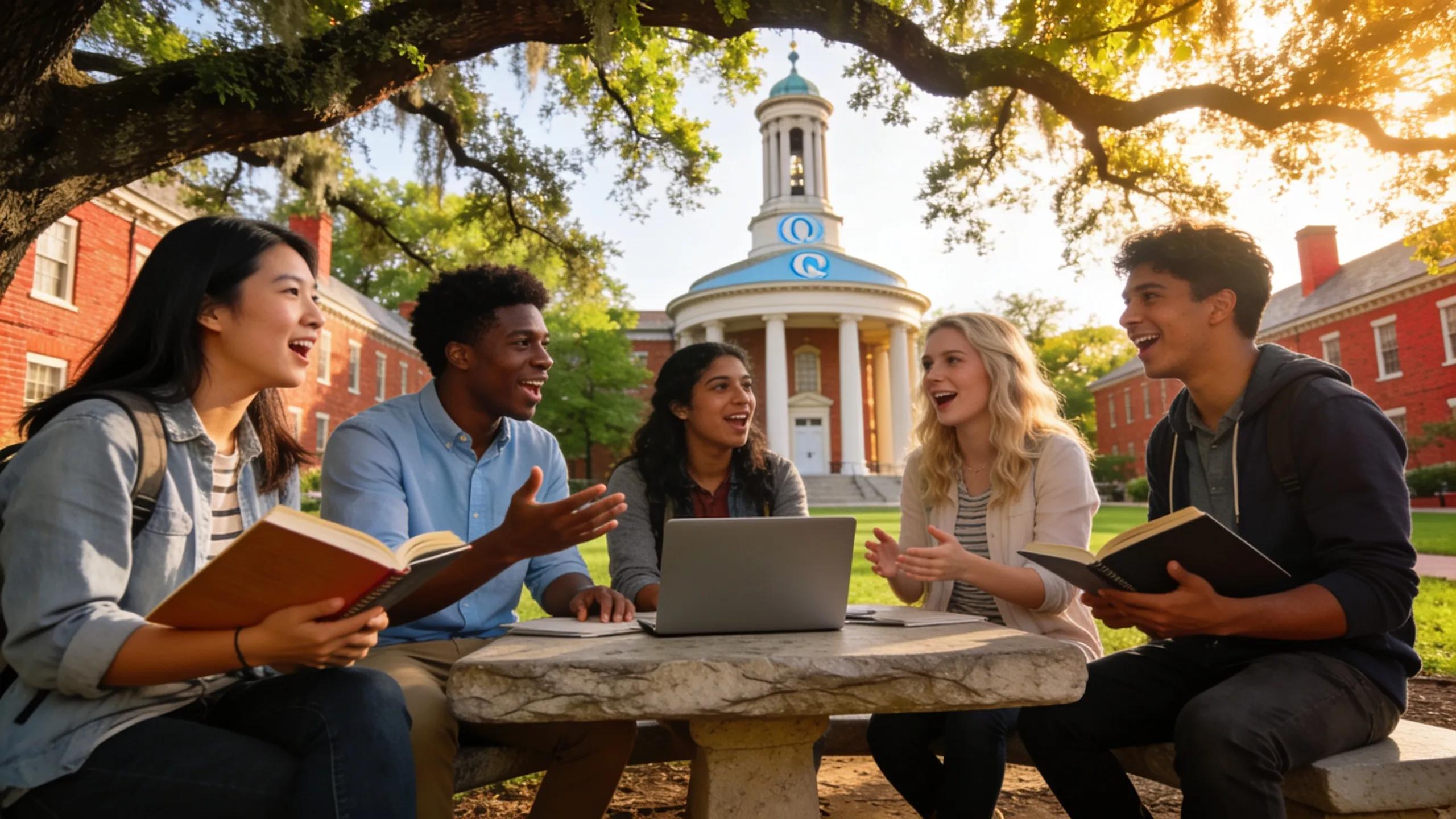Diverse group of students engaged in discussion on UNC Chapel Hill campus, representing academic community and college life