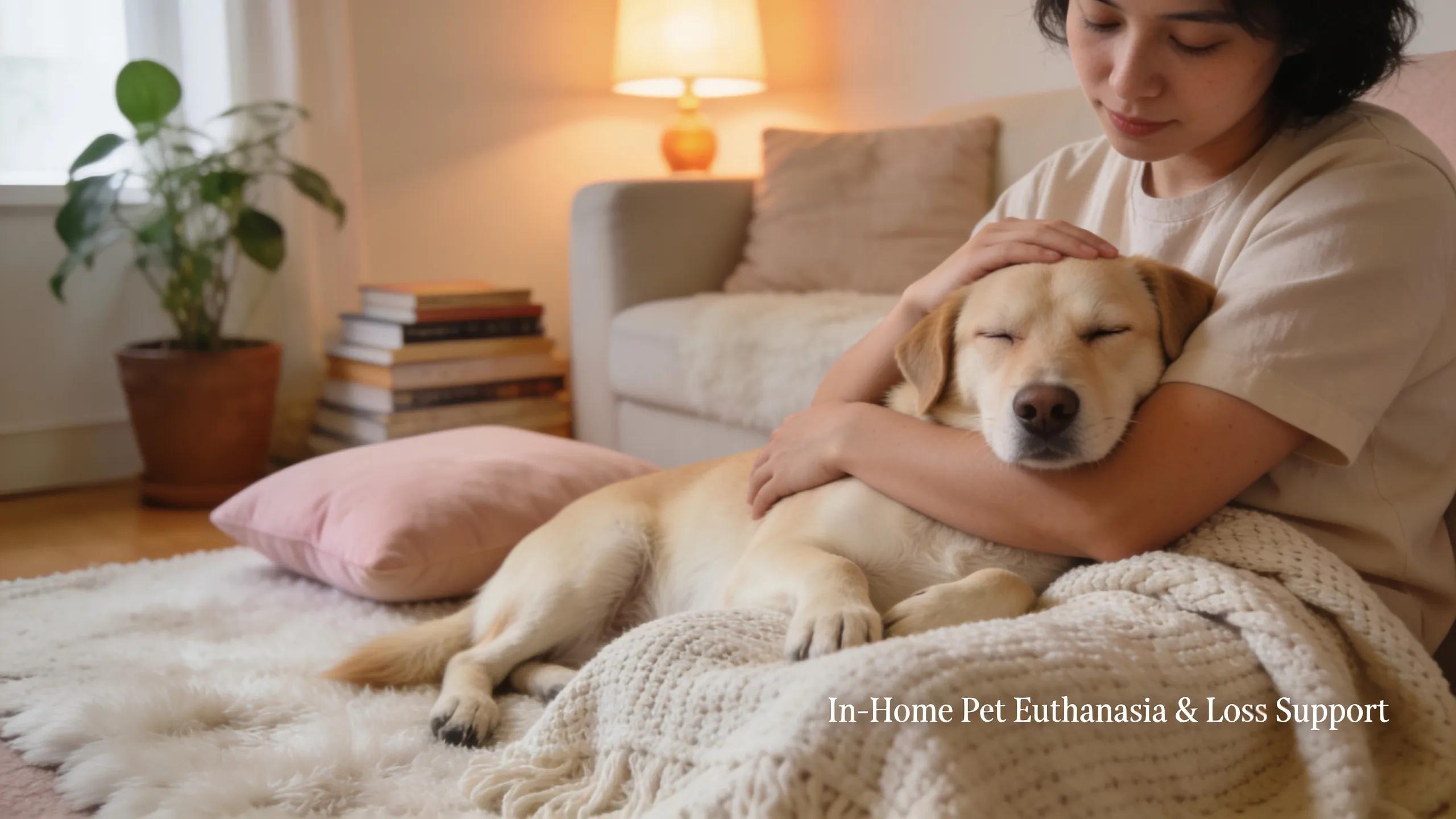Emotional pet owner holding their dog in a comforting home environment