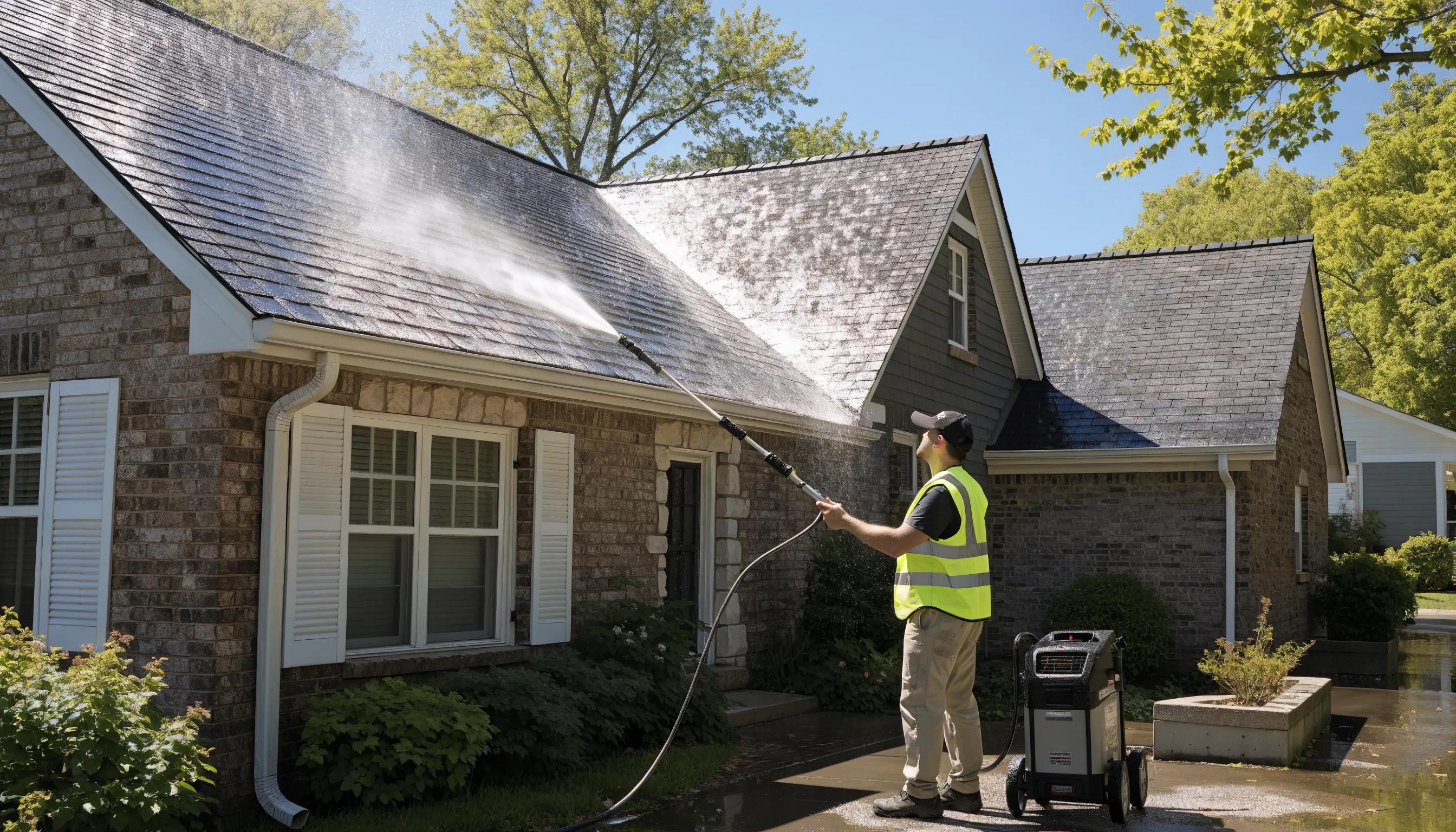 Professional soft washing service cleaning a residential roof in Mankato MN with eco-friendly solutions