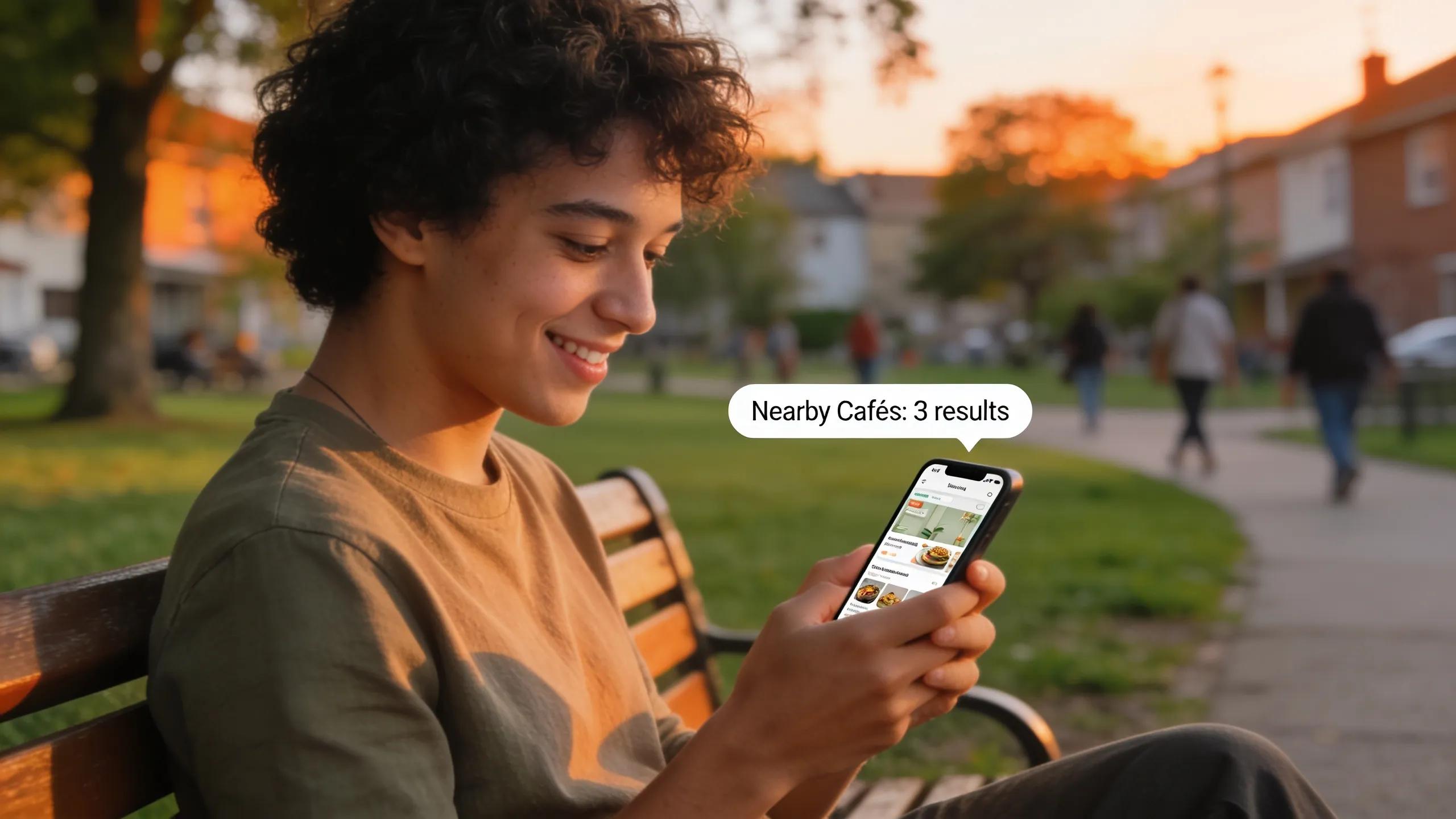 Individual using a mobile phone in a local outdoor setting, reflecting engagement with voice search
